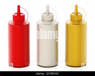 Ketchup, maionese e senape bottiglie isolato su sfondo bianco. 3D'illustrazione. Foto Stock