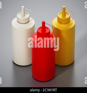 Bottiglie di ketchup, maionese e senape isolate su sfondo grigio. Illustrazione 3D. Foto Stock