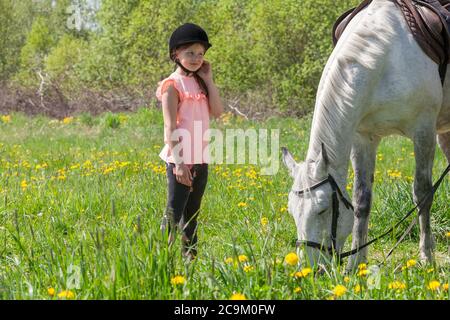 Bambina in rosa si trova vicino a un cavallo bianco razza trotter di pagina a giorno di sole Foto Stock