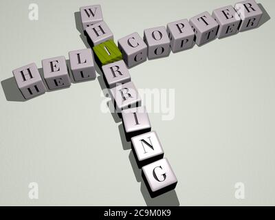 Combinazione di ELICOTTERI CHE GIRANO costruiti da lettere cubiche dalla prospettiva superiore, eccellente per la presentazione concettuale. Aria e aereo. Illustrazione 3D Foto Stock
