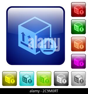 Icone di consegna delle confezioni in set di pulsanti lucidi di colore quadrato arrotondato Illustrazione Vettoriale