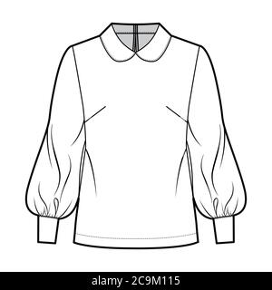 Blusa lunga a manica alfiere illustrazione tecnica di moda con colletto rotondo, foro per serratura posteriore con bottoni. Mascherina anteriore dell'abbigliamento della camicia piatta, colore bianco. Donne, uomini unisex top CAD mockup Illustrazione Vettoriale