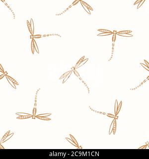 Senza cuciture sfondo dragonfly genere neutro modello bambino. Semplice bizzarolo minimal color terra 2 tonalità. Carta da parati per bambini o animale di insetto boho Illustrazione Vettoriale