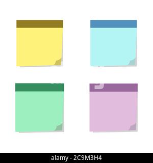 Note appiccicose quadrate con bordo curvo ombreggiato in stile piatto isolato su sfondo bianco Illustrazione Vettoriale