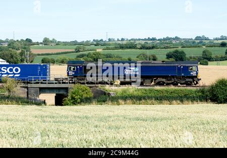 Direct Rail Services locomotiva diesel classe 66 che traina un treno container Tesco sulla West Coast Main Line, Northamptonshire, UK Foto Stock