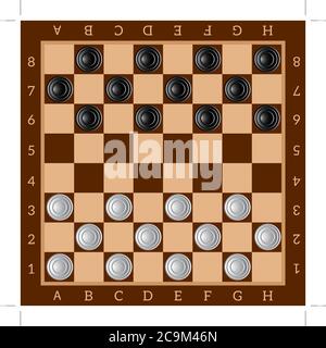 Dama. Antico gioco da tavolo intellettuale. Scacchiera. Chip bianchi e neri. Illustrazione Vettoriale