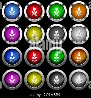 Icone eco-energetiche bianche in pulsanti rotondi lucidi con cornici in acciaio su sfondo nero. I pulsanti sono disponibili in due stili diversi e in otto colori. Illustrazione Vettoriale