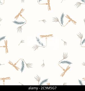 Senza cuciture sfondo dragonfly genere neutro modello bambino. Semplice bizzarolo minimal color terra 2 tonalità. Carta da parati per bambini o animale di insetto boho Illustrazione Vettoriale