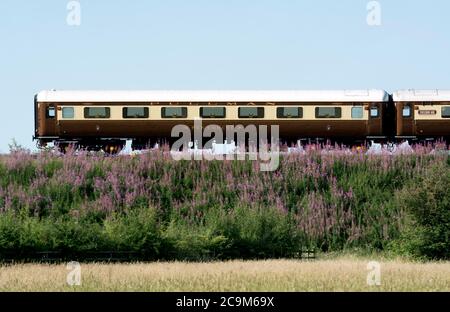 Statesman Rail Mk2 Open First Pullman Carriage 'Pen-y-Ghent' come parte di un treno ferroviario, Warwickshire, Regno Unito Foto Stock