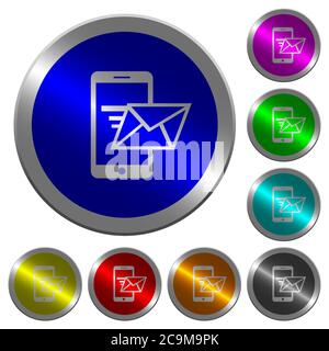 Invio di e-mail da icone del telefono cellulare su pulsanti tondi in acciaio a forma di moneta Illustrazione Vettoriale