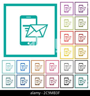 Invio di e-mail da icone a colori piatte del telefono cellulare con cornici quadranti su sfondo bianco Illustrazione Vettoriale