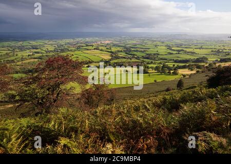 Vista dal pendio di Skirrid Fawr (Ysgyryd Fawr) guardando a est, vicino Abergavenny, Brecon Beacons National Park, Monmouthshire, Galles, Regno Unito Foto Stock