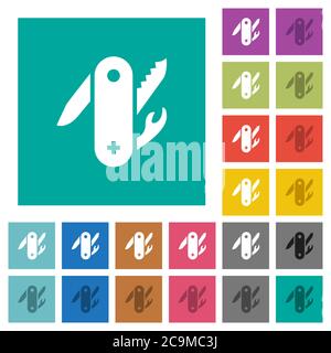 Coltello svizzero dell'esercito icone piatte multicolore su sfondi quadrati. Incluse variazioni delle icone bianche e più scure per il passaggio del mouse o gli effetti attivi. Illustrazione Vettoriale