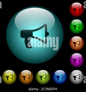 Icone di megafono a colori pulsanti in vetro sferico illuminati su sfondo nero. Può essere utilizzato per modelli neri o scuri Illustrazione Vettoriale