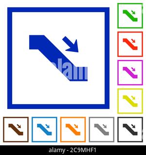 Scala mobile giù segno icone di colore piatto in cornici quadrate su sfondo bianco Illustrazione Vettoriale