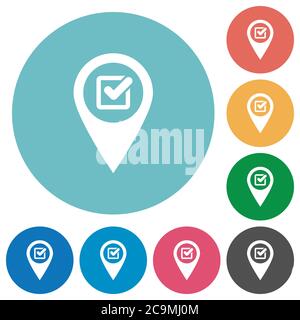 Posizione mappa GPS del punto di verifica icone bianche piatte su sfondi rotondi di colore Illustrazione Vettoriale