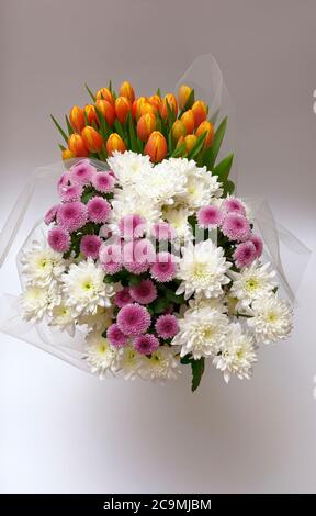 Un bouquet di fiori tulipani freschi colorati, cortile proprio di Margaretta mostrato in un bel colpo, su uno sfondo chiaro, molto bello Foto Stock