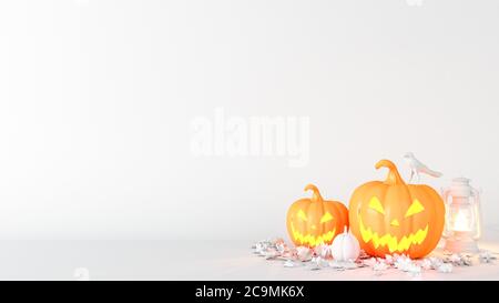 Zucca di Halloween, Jack o Lanterna, sfondo decorazione di Halloween con spazio di copia, rendering 3D Foto Stock