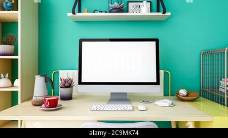 Moderno personal computer desktop schermo bianco monitor vuoto per il mock-up sul tavolo di lavoro, 3D rendering Foto Stock