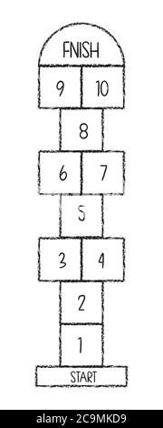Hopscotch gioco simbolo di Infanzia. Gioco per bambini disegnato con chalks.playground con Numbers.isolato illustrazione vettoriale. Illustrazione Vettoriale