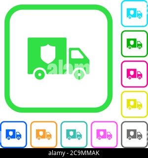 Money deliverer Truck icone piatte colorate vivide con bordi curvi su sfondo bianco Illustrazione Vettoriale