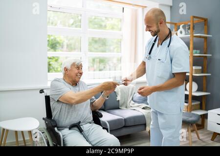 Infermiere di assistenza domiciliare per pazienti anziani che porta il tè Foto Stock