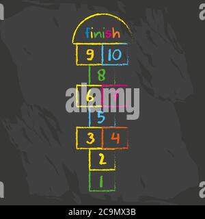 Hopscotch gioco simbolo di Infanzia. Gioco per bambini disegnato con chalks.playground con Numbers.isolato illustrazione vettoriale. Illustrazione Vettoriale