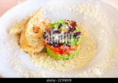 Tartare con salmone, erbe e parmigiano. Messa a fuoco morbida selettiva Foto Stock