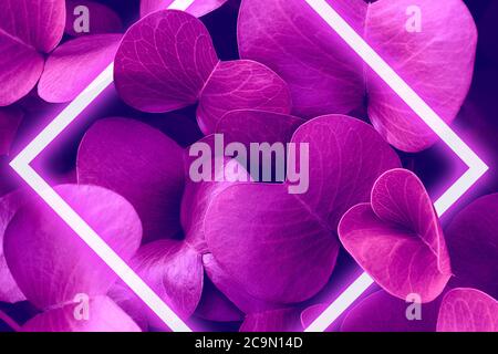 Foglie al neon con cornice cyber-floreale. Banner con template olografico luminoso. Foto Stock