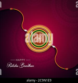 Raksha Bandhan Festival biglietto d'auguri Dark Purple sfondo Design con decorato indiano Rakhi Vector Illustrazione per i desideri, modello di biglietto d'auguri Illustrazione Vettoriale