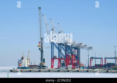 SAN PIETROBURGO, RUSSIA - 05 MARZO 2018: Porto marittimo multifunzionale 'Bronka' in un giorno di marcia soleggiato Foto Stock