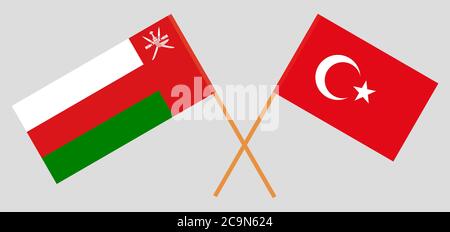 Bandiere incrociate di Oman e Turchia. Colori ufficiali. Proporzione corretta. Illustrazione vettoriale Illustrazione Vettoriale