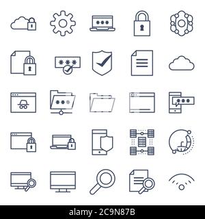 Design del set di icone stile linea, protezione della tecnologia hardware del sistema di sicurezza di base del data center e archiviazione dell'illustrazione vettoriale Illustrazione Vettoriale