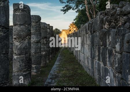 Colonne di pietra della colonata occidentale nella piazza delle mille colonne nelle rovine della grande città maya di Chichen Itza, Yucatan, Messico. Foto Stock