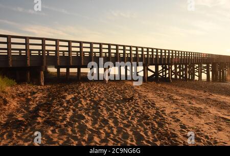 Ponte in polvere di legno sulla baia di Duxbury. Foto Stock