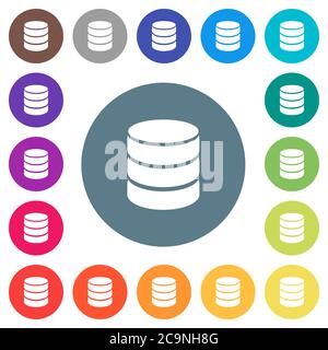 Singole icone bianche piatte del database su sfondi rotondi. sono incluse 17 variazioni di colore di sfondo. Illustrazione Vettoriale