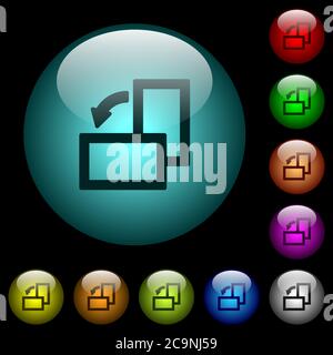 Ruota le icone a sinistra con i pulsanti in vetro sferico illuminati a colori su sfondo nero. Può essere utilizzato per modelli neri o scuri Illustrazione Vettoriale