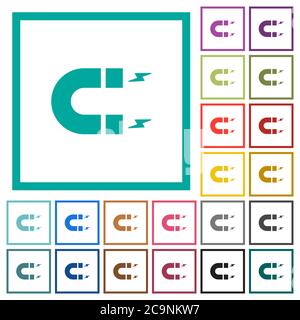 Icone a colori piatte con magnete a ferro di cavallo con cornici quadranti su sfondo bianco Illustrazione Vettoriale