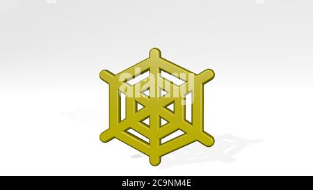 ragnatela da una prospettiva con l'ombra. Una scultura spessa realizzata in materiali metallici di rendering 3D, sfondo e illustrazione Foto Stock