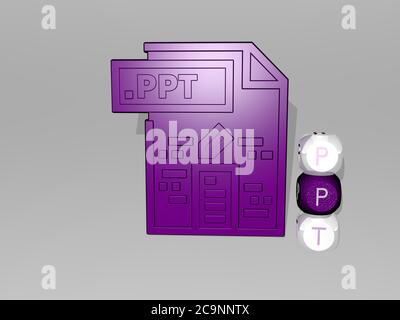 Rappresentazione 3D di PPT con icona sulla parete e testo disposto da lettere cubiche metalliche su un pavimento a specchio per significato concettuale e presentazione slideshow. Sfondo e illustrazione Foto Stock