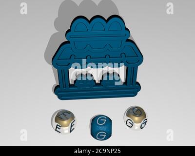 Illustrazione 3D della grafica DELLE UOVA e del testo intorno all'icona fatta da lettere metalliche dei dadi per i significati relativi del concetto e delle presentazioni. Sfondo e pasqua Foto Stock