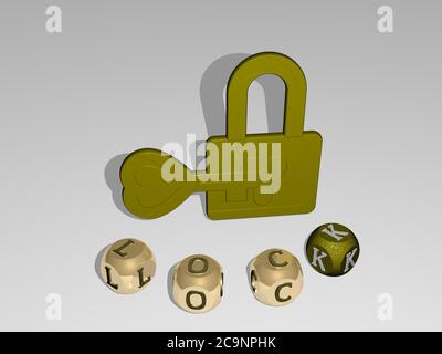 Immagine grafica 3D di BLOCCO verticale insieme al testo costruito intorno all'icona da lettere cubiche metalliche dalla prospettiva superiore, eccellente per la presentazione concettuale e le presentazioni. Illustrazione Foto Stock