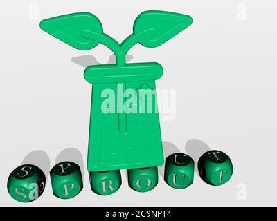 Rappresentazione 3D di germogli con icona sulla parete e testo disposto da lettere cubiche metalliche su un pavimento a specchio per il significato concettuale e presentazione slideshow. Verde e illustrazione Foto Stock
