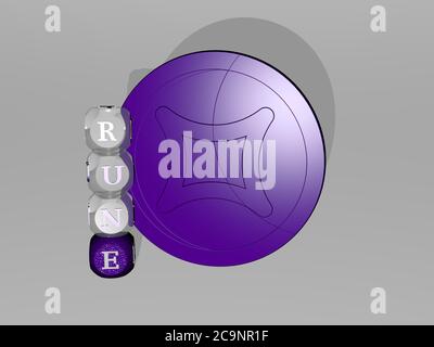 Immagine grafica 3D della runa in verticale insieme al testo costruito intorno all'icona da lettere cubiche metalliche dalla prospettiva superiore. Eccellente per la presentazione concettuale e le presentazioni. Illustrazione Foto Stock