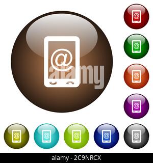 Icone bianche per la posta mobile su pulsanti rotondi in vetro di colore Illustrazione Vettoriale