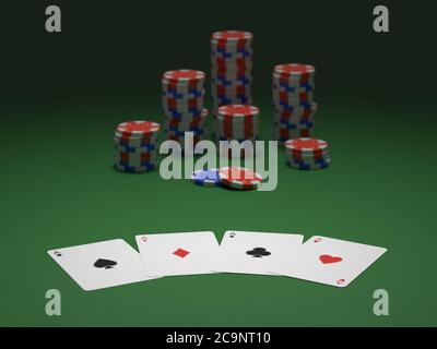 Illustrazione concettuale 3D di quattro assi sparsi su feltro verde davanti a pile di chip di poker Foto Stock