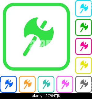 Due teste di battaglia ascia colorate vivaci icone piatte con bordi curvi su sfondo bianco Illustrazione Vettoriale