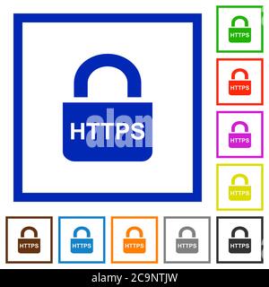 Icone a colori piatte del protocollo https protette in riquadri quadrati su sfondo bianco Illustrazione Vettoriale