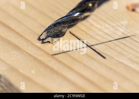 Un ritratto closeup di una punta da trapano per legno che giace su una tavola di legno accanto ad una marcatura a matita dove il falegname perforerà un foro nel pezzo di legno. Foto Stock