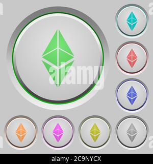 Icone a colori a criptovaluta digitale etereum classic su pulsanti affondati Illustrazione Vettoriale